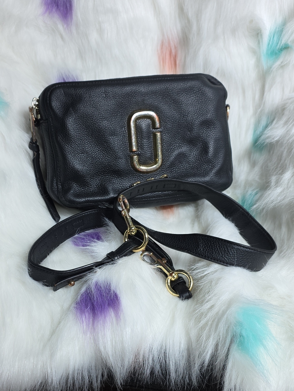 Marc Jacobs Black Pebbled Leather Double J Crossbody Bag with Gold Hardware